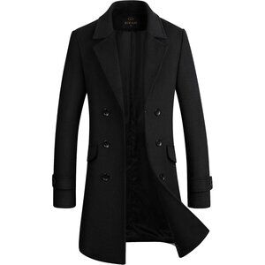 Men's Black 1 Premium Wool Blend Double Breasted Imported Long Pea Coat